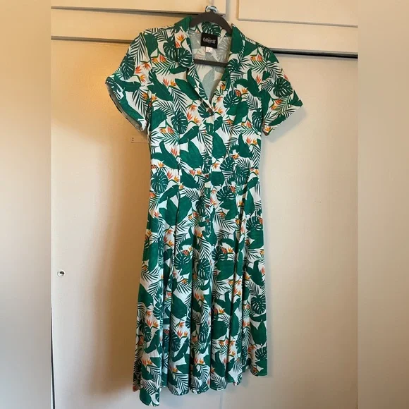 Collectif Green Tropical Print Dress S UK 10 Birds of Paradise Caterina Swing - Picture 2 of 10